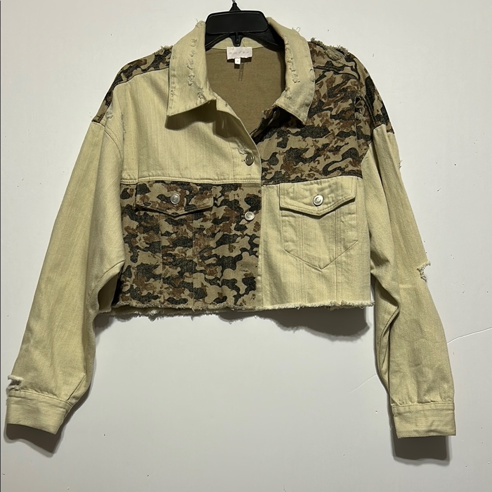 Entro  Distressed Camouflage and Beige  cropped Jean Jacket
